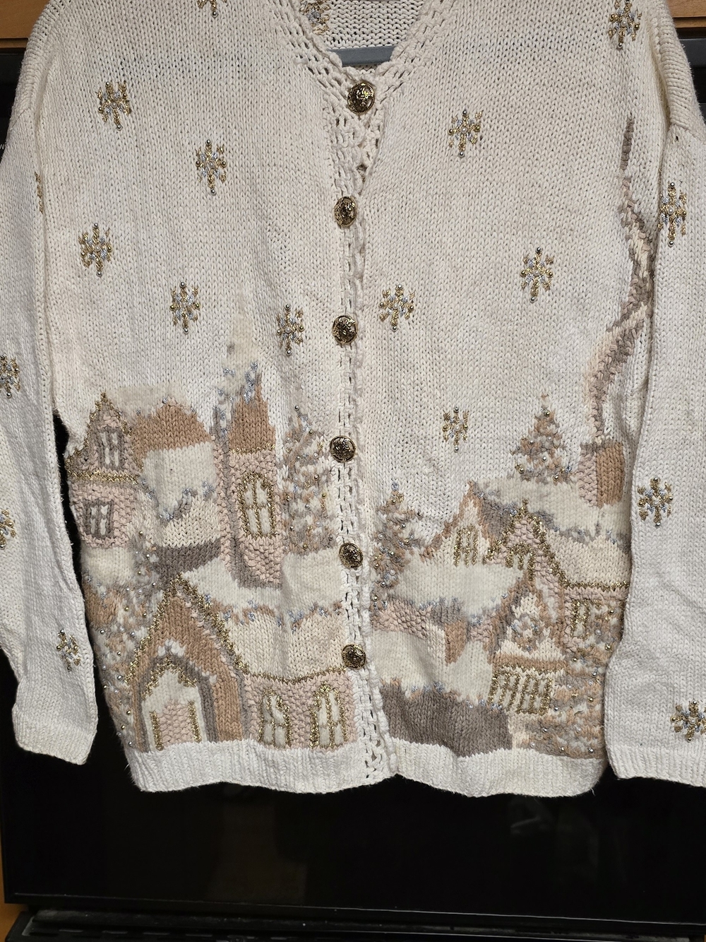 Marisa Christina Rare Cream & Beige Xmas Winter Village Embroidered Cardigan L
